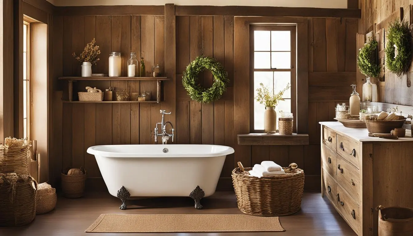 Country style bathroom decor: A bathroom with a wood paneled wall and baskets.