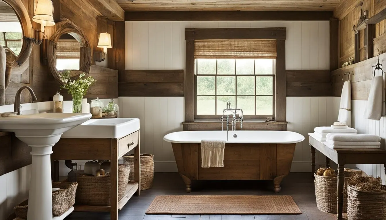 Country style bathroom decor: A rustic bathroom with wood paneling and wicker baskets.
