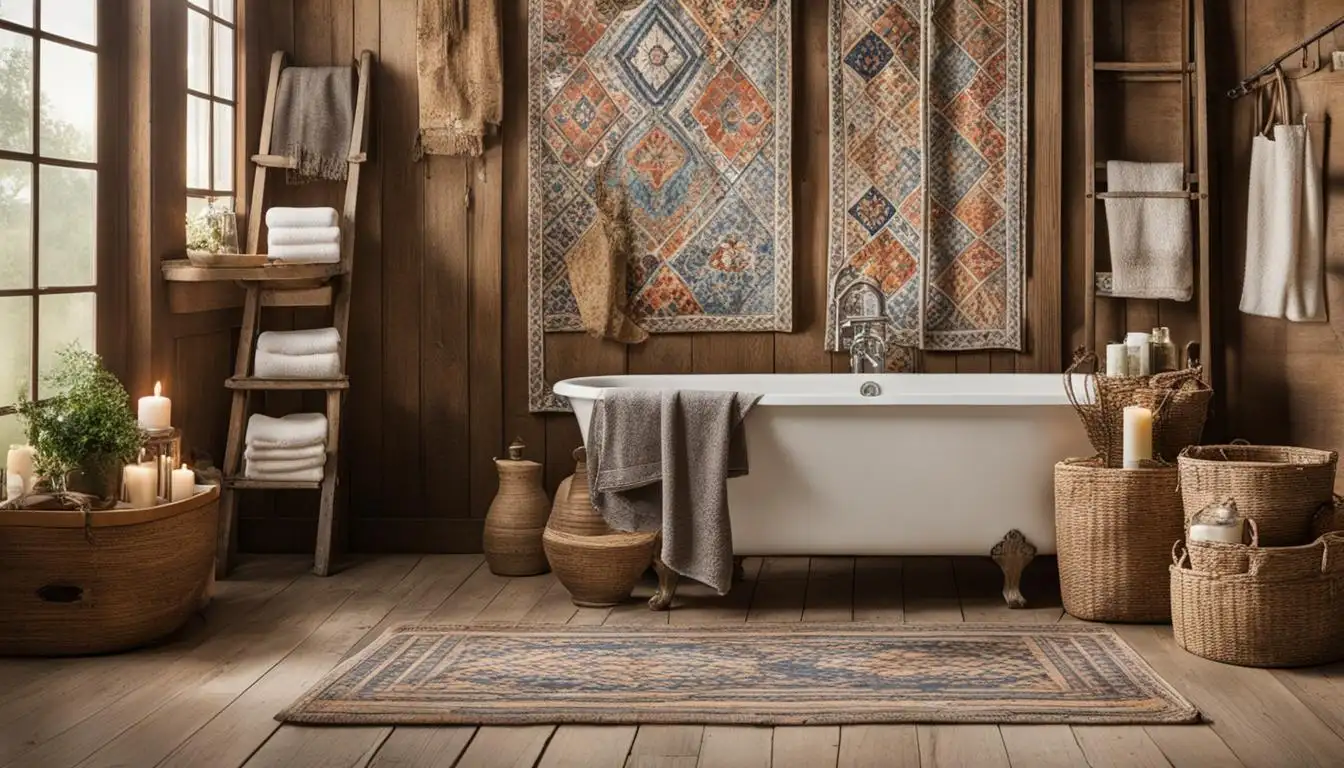 Country style bathroom decor: A bathroom with wooden walls and a wooden bathtub.