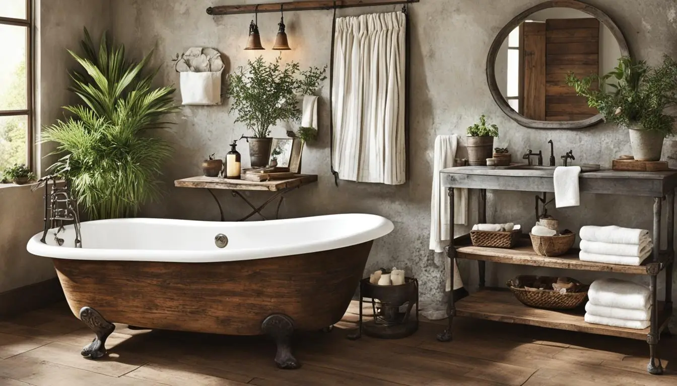 Country style bathroom decor: A rustic bathroom with a wooden bathtub.