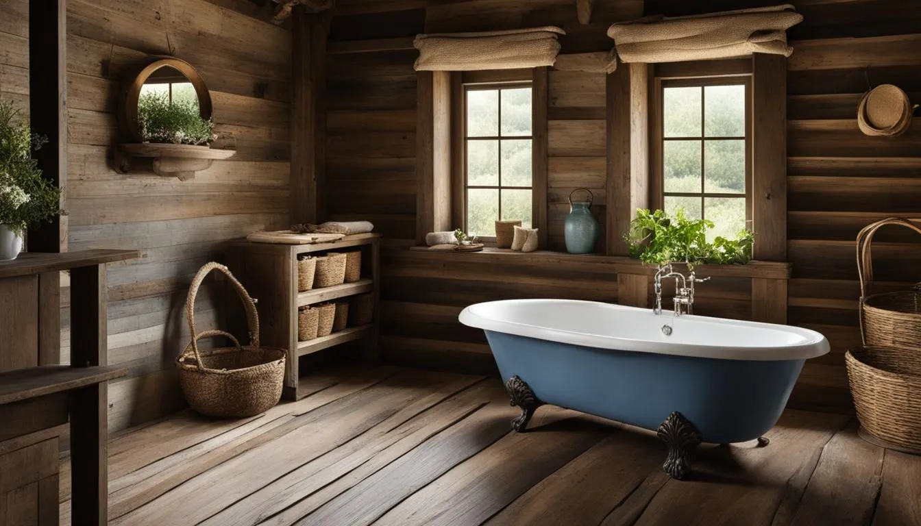 Country style bathroom decor: A bathroom in a log cabin with a blue tub and baskets.