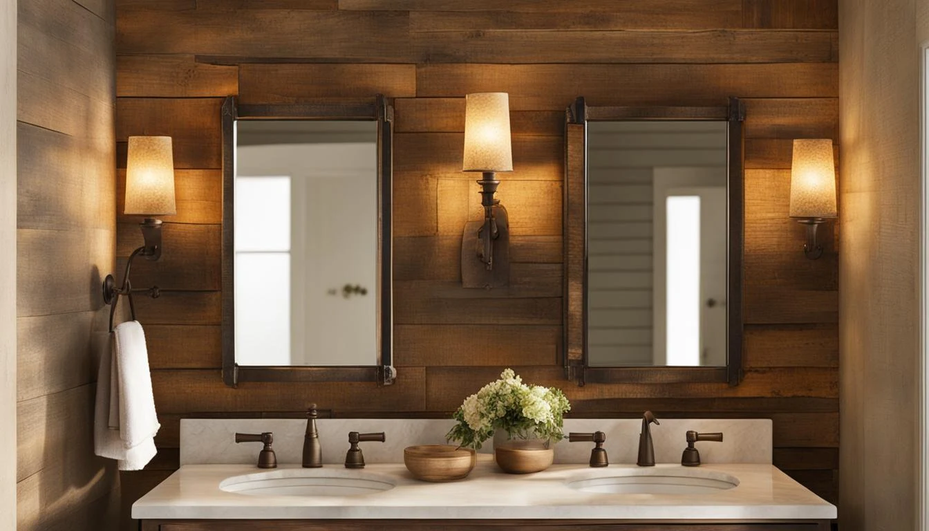 Country style bathroom decor: A bathroom with wood paneling and two sinks.