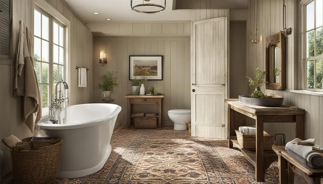 Country style bathroom decor: A bathroom with an ornate rug and wooden floors.