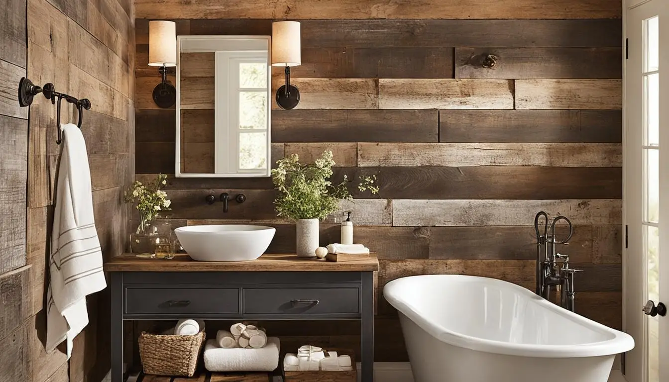 Country style bathroom decor: A bathroom with wood paneling and a tub.