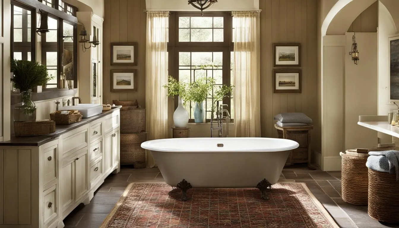 Country style bathroom decor: A bathroom with a tub and a rug.