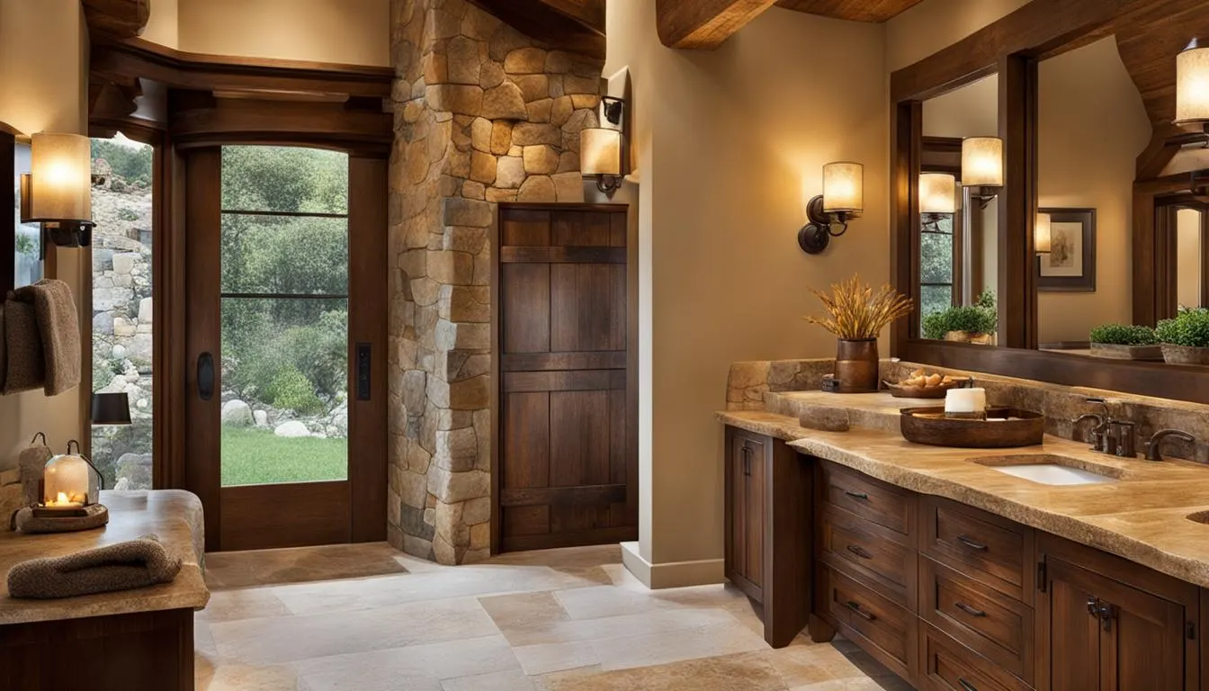 Country style bathroom decor: A bathroom with a stone wall and wooden cabinets.