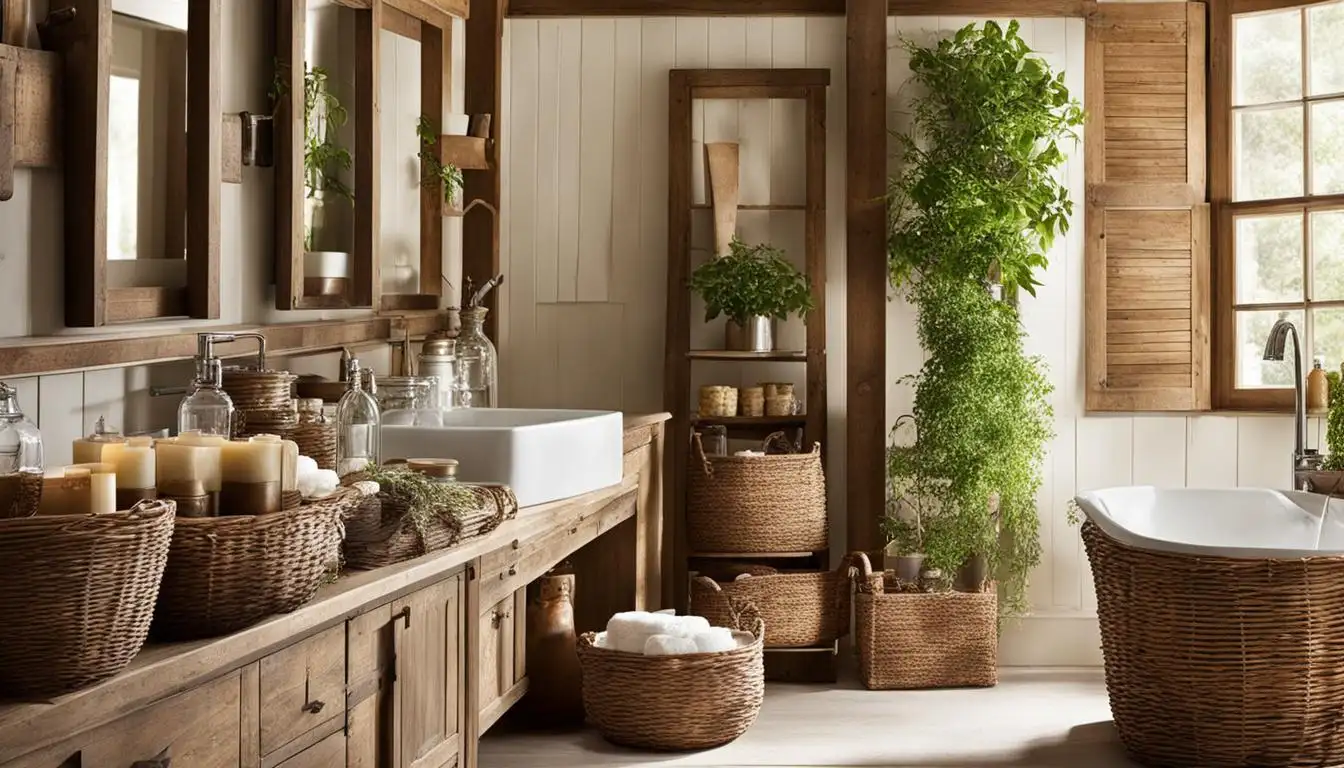 Country style bathroom decor: A bathroom with wicker baskets and wooden furniture.