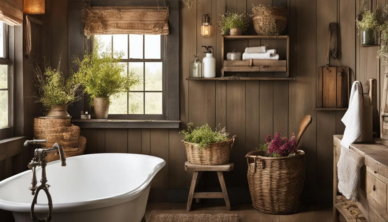 Country style bathroom decor: A rustic bathroom with wooden walls and wooden floors.