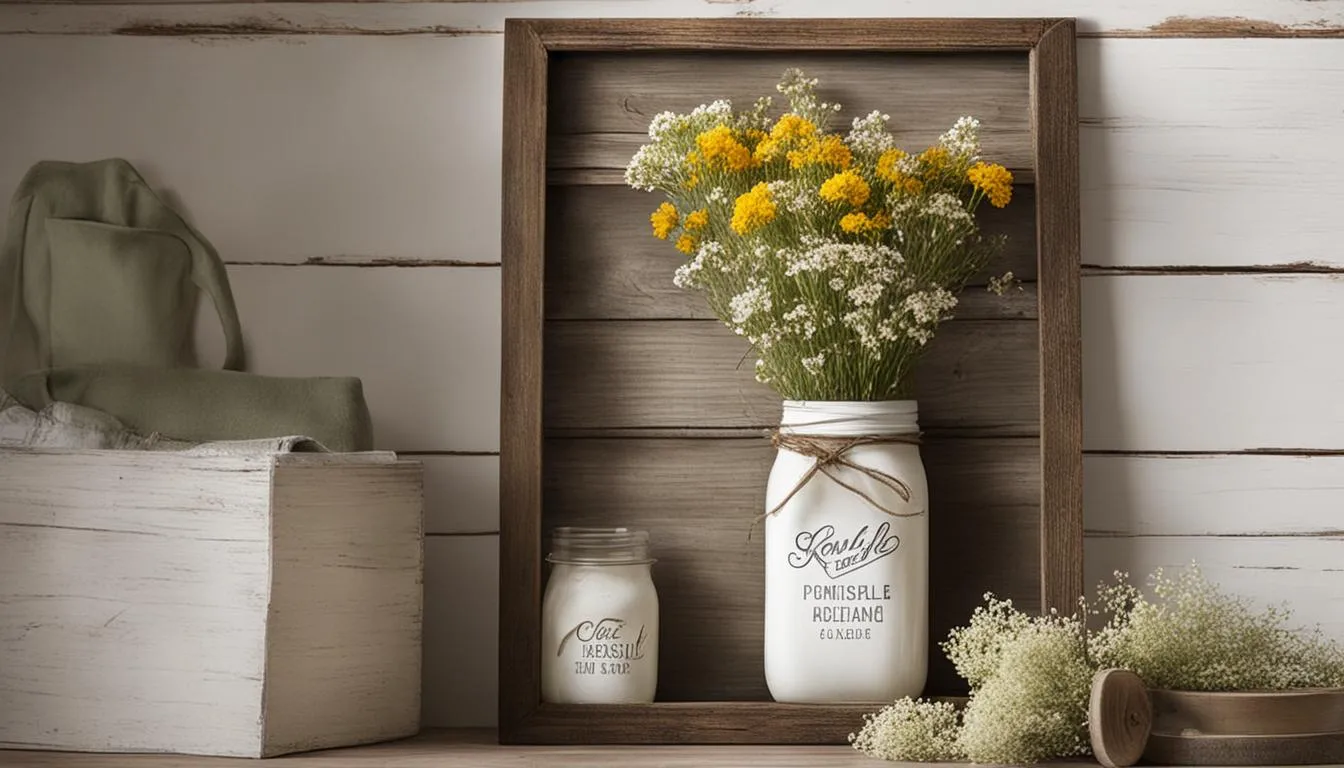 Country style bathroom decor: A mason jar with flowers and a wooden frame.
