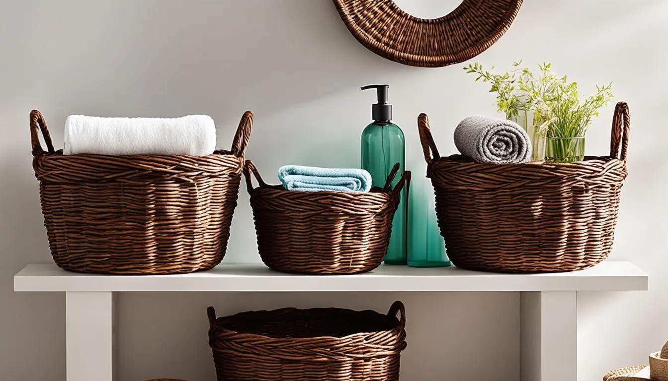 Country style bathroom decor: Three wicker baskets on a shelf.