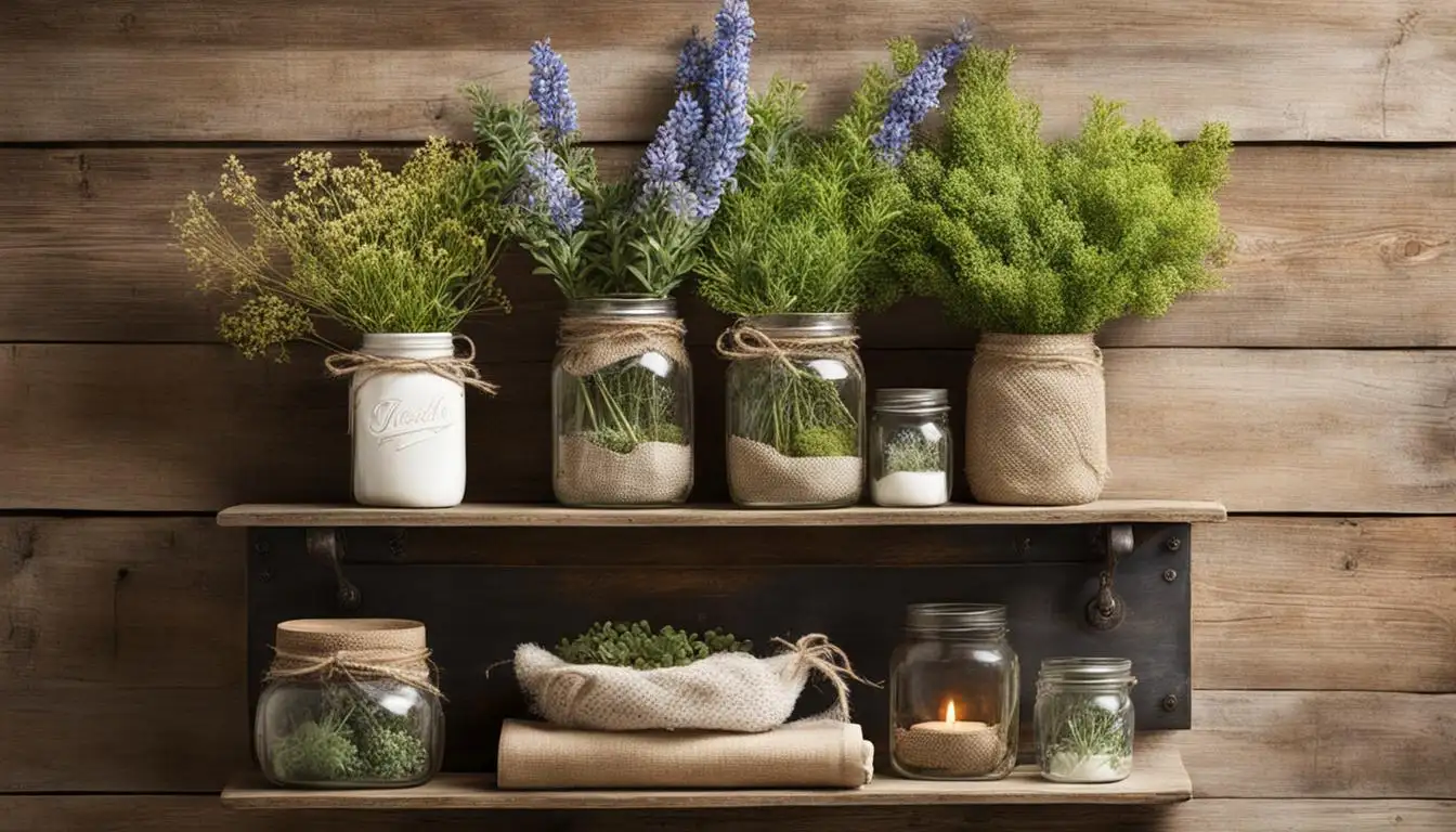 Country style bathroom decor: Mason jars filled with flowers and herbs on a wooden shelf.