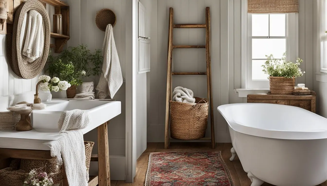 Country style bathroom decor: A white bathroom with a wooden ladder and a rug.