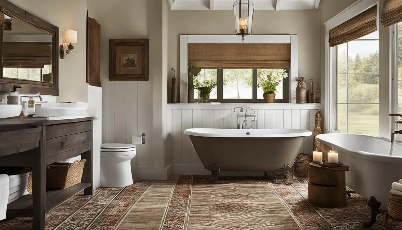 Country style bathroom decor: A bathroom with a tub, sink, and toilet.