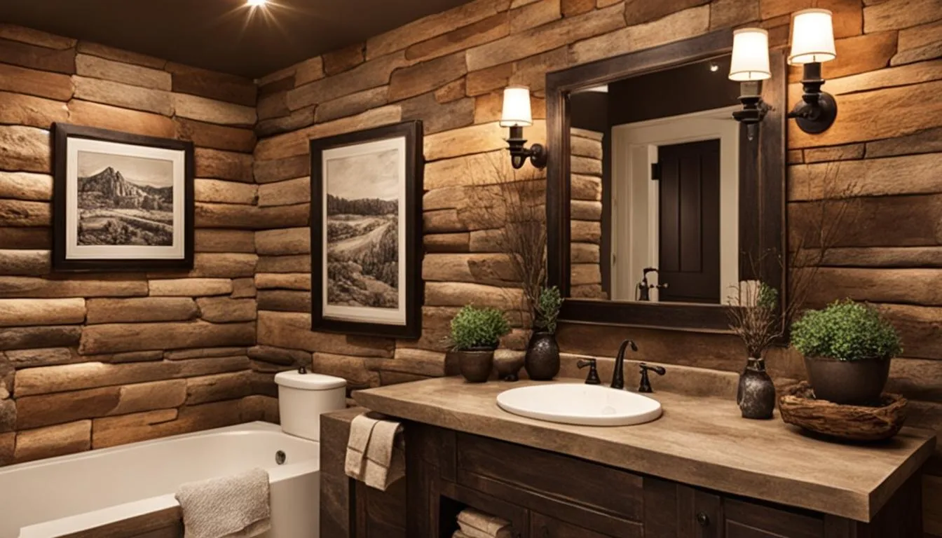 Country style bathroom decor: A bathroom with wood walls and a sink.