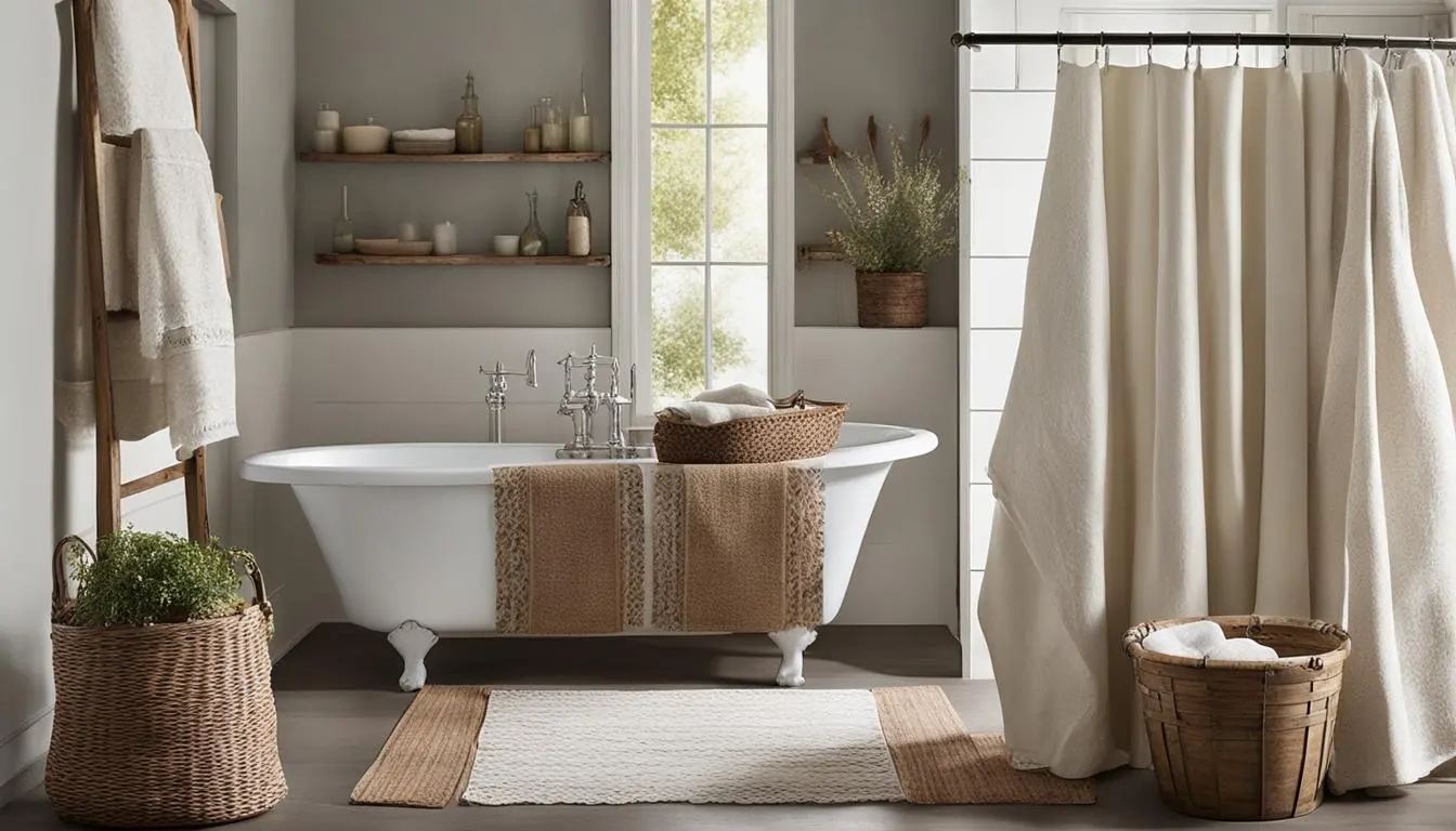 Country style bathroom decor: A bathroom with a white tub and wicker baskets.