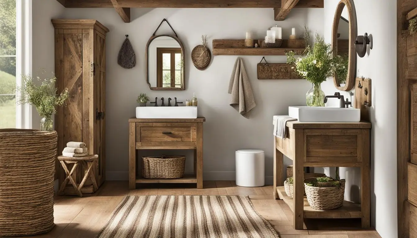 Country style bathroom decor: A rustic bathroom with wooden cabinets and wicker baskets.