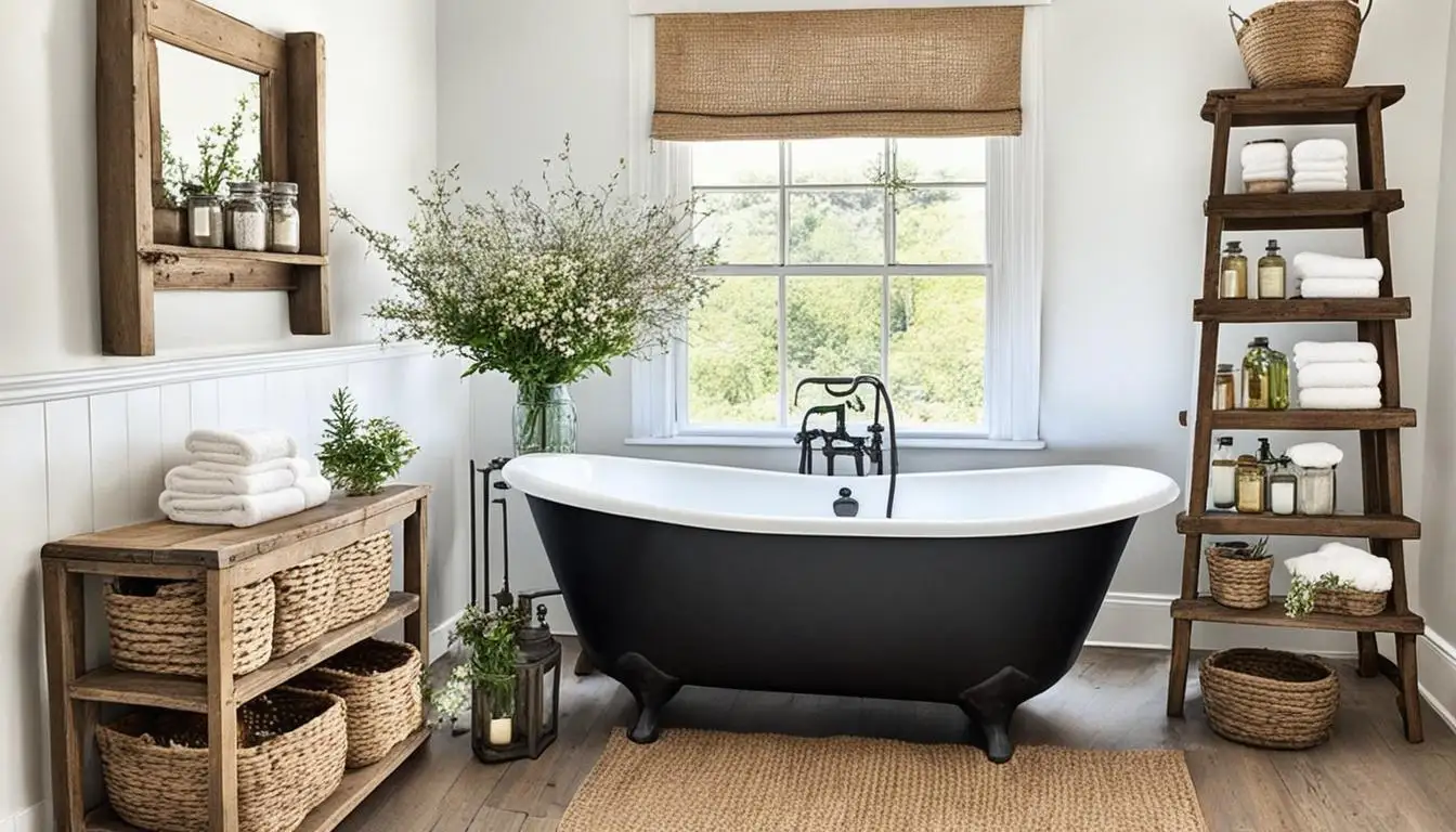 Country style bathroom decor: A bathroom with a black tub and wooden shelves.