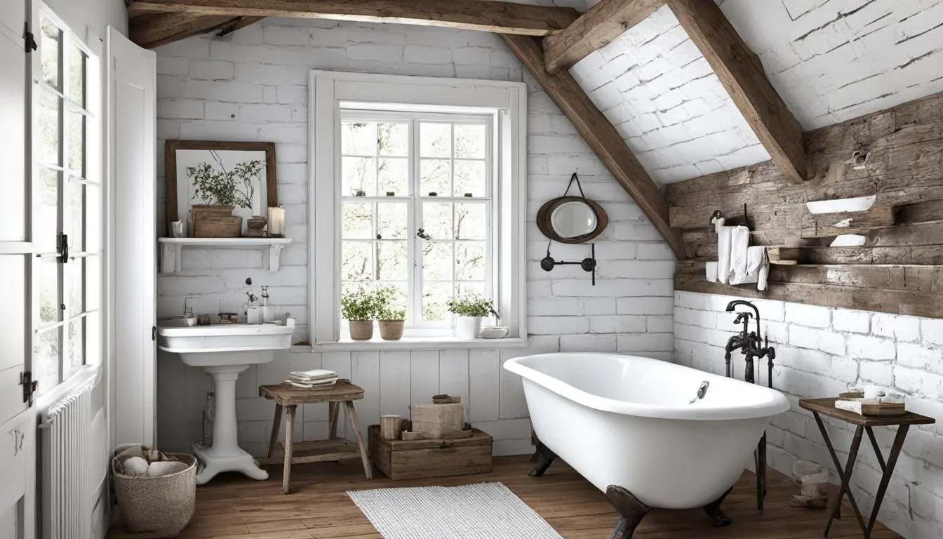 Country style bathroom decor: A white bathroom with wooden beams and wooden floors.