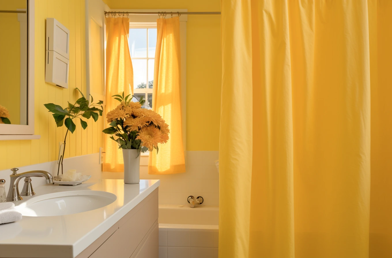 The bathroom, styled in light yellow and white, showcases how to fix a broken shower curtain rod