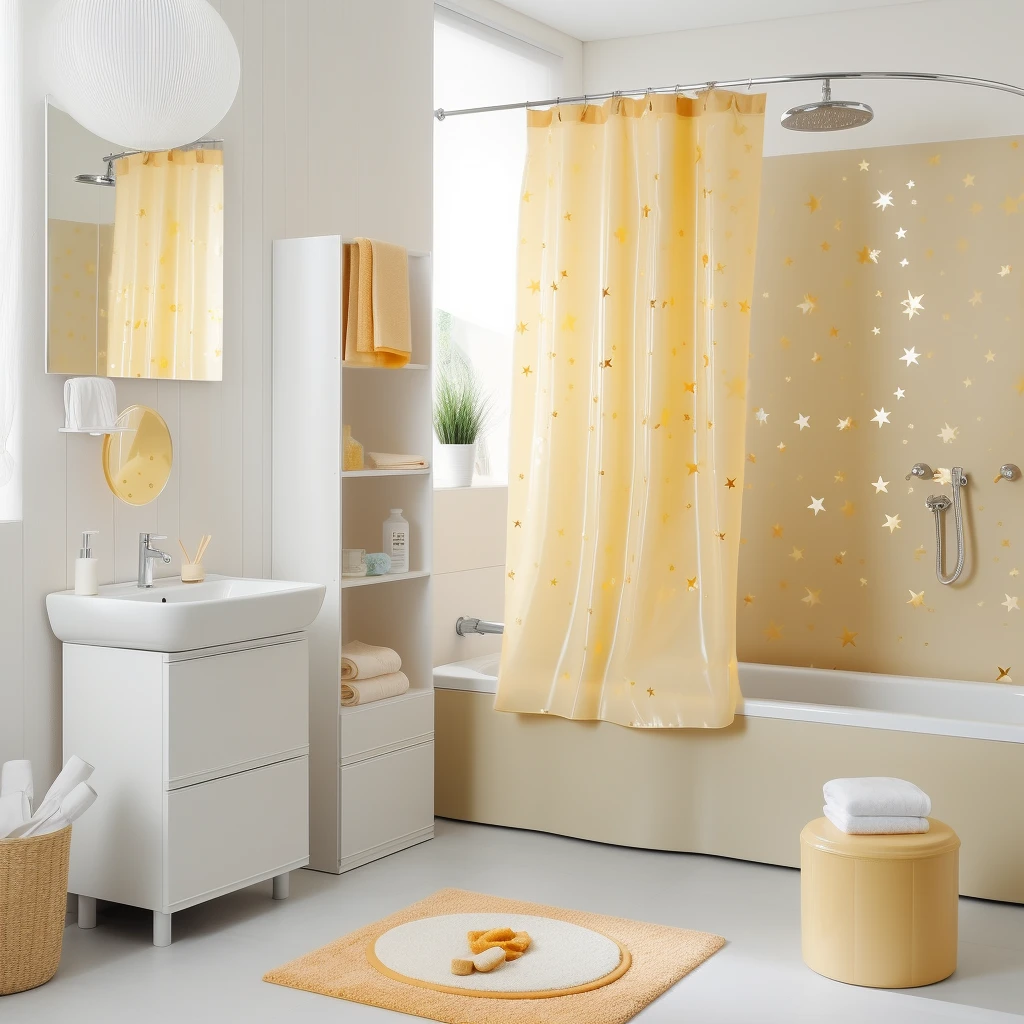 How to fix a broken shower curtain rod in a bathroom with a shower curtain styled in light gold and light amber