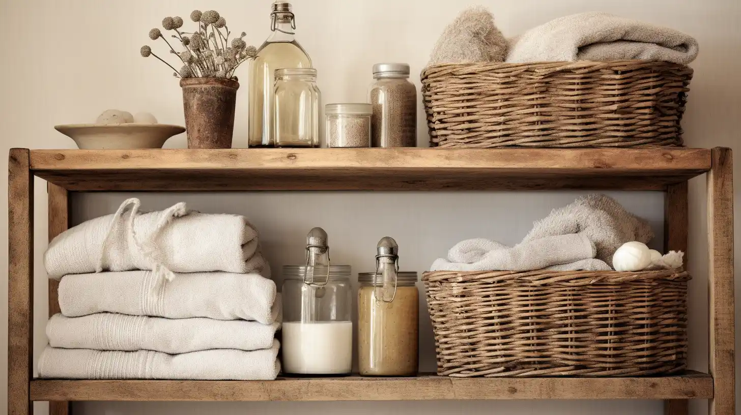 A wooden shelf with towels, soaps, and other items on it.