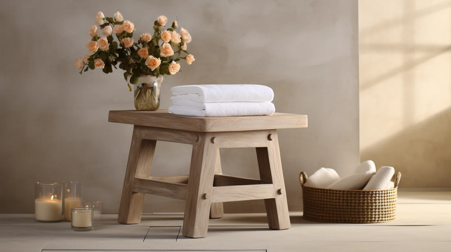 A wooden stool with flowers and towels on it.