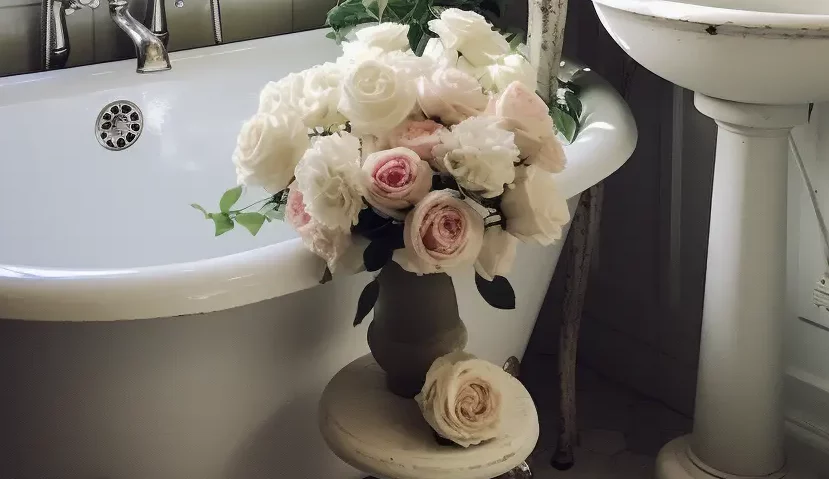 A bathroom with a white tub and flowers.