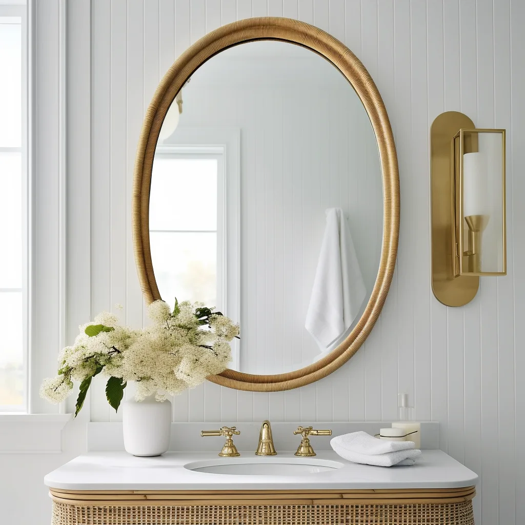 A bathroom with a wicker vanity and a gold mirror.