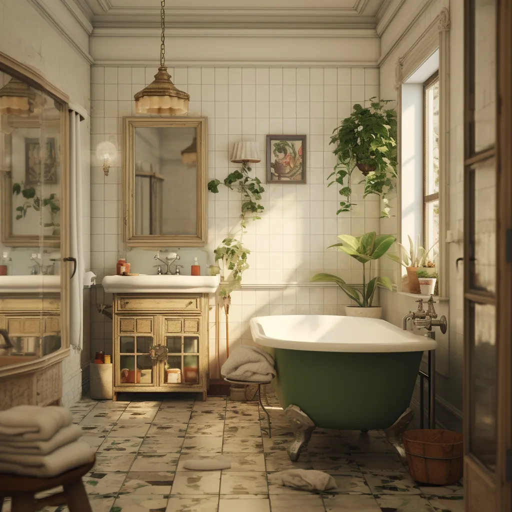 A bathroom with a green tub and plants.