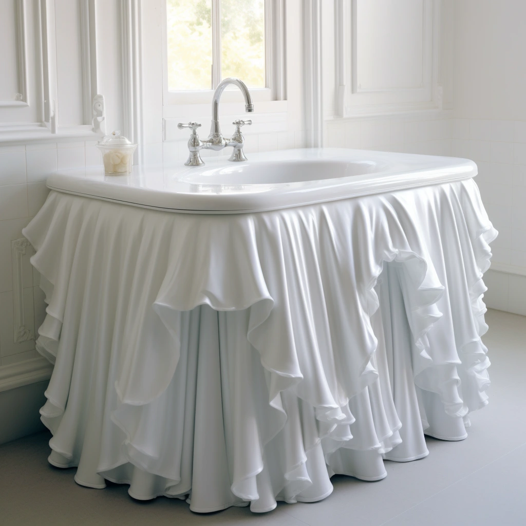 A white bathroom sink with a ruffled skirt.