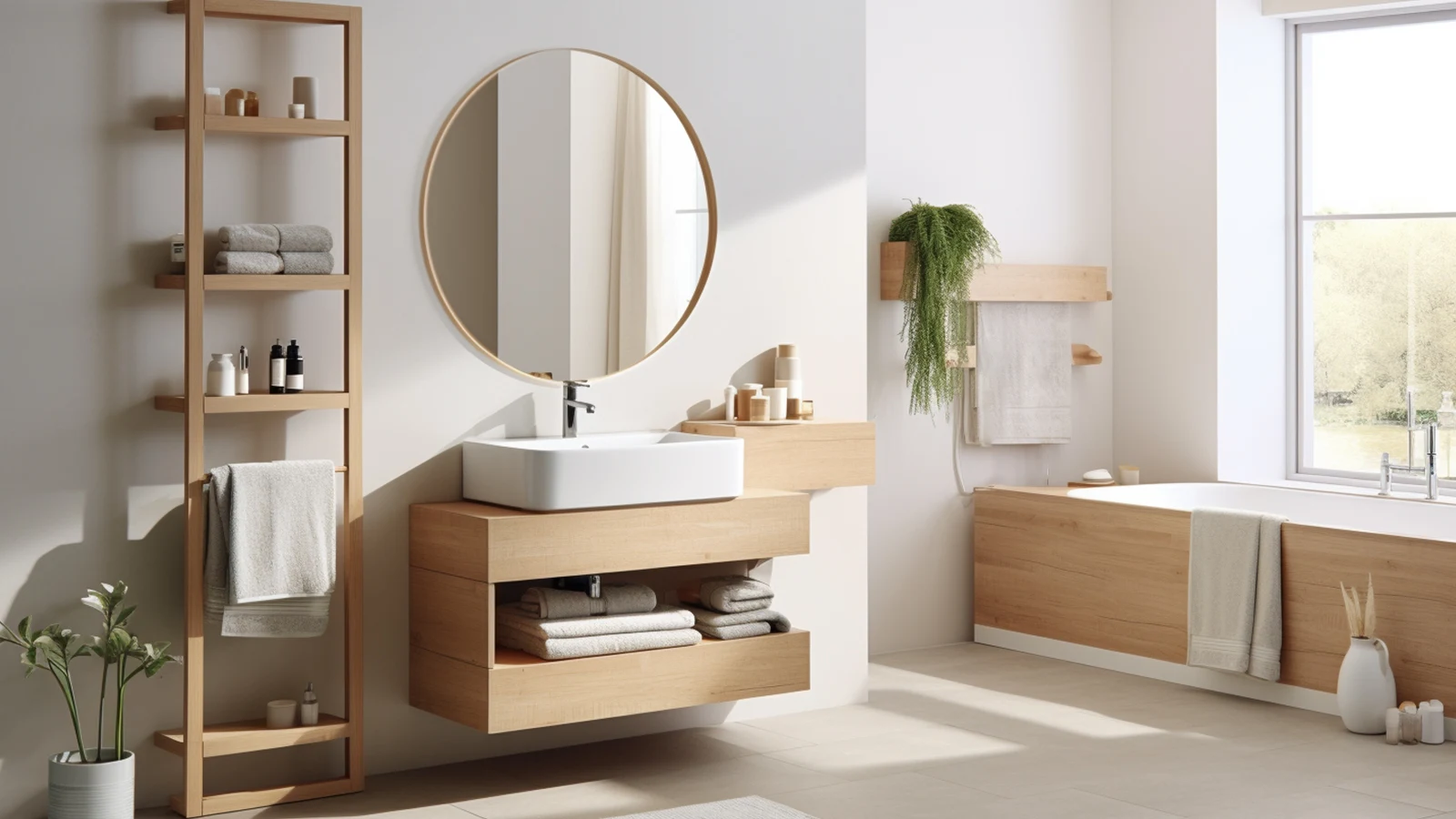Small bathroom counter decorating ideas: a modern bathroom with wooden shelves and a bathtub.
