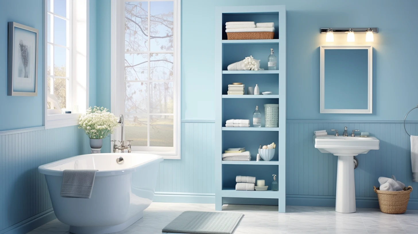 Small blue bathroom decorating ideas: A bathroom with blue walls and white furniture.