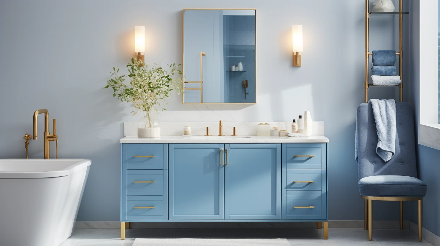Small blue bathroom decorating ideas: A bathroom with blue cabinets and gold accents.