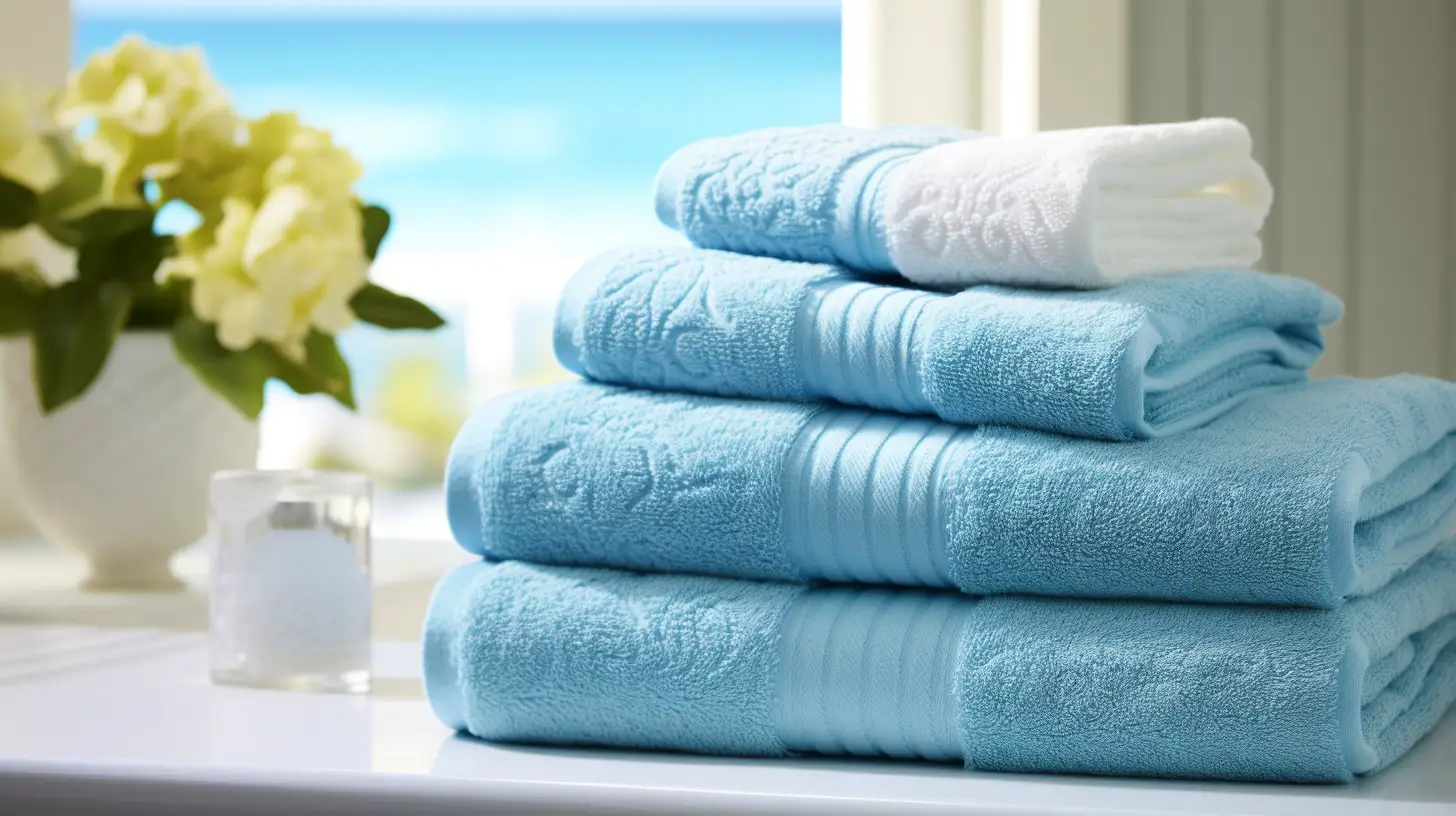 Small blue bathroom decorating ideas: A stack of towels on a window sill.