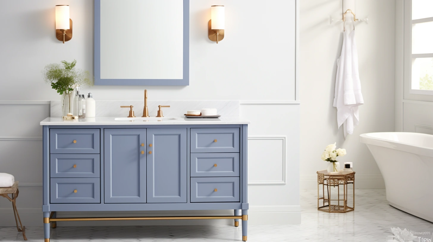 Small blue bathroom decorating ideas: A bathroom with a blue vanity and a gold mirror.