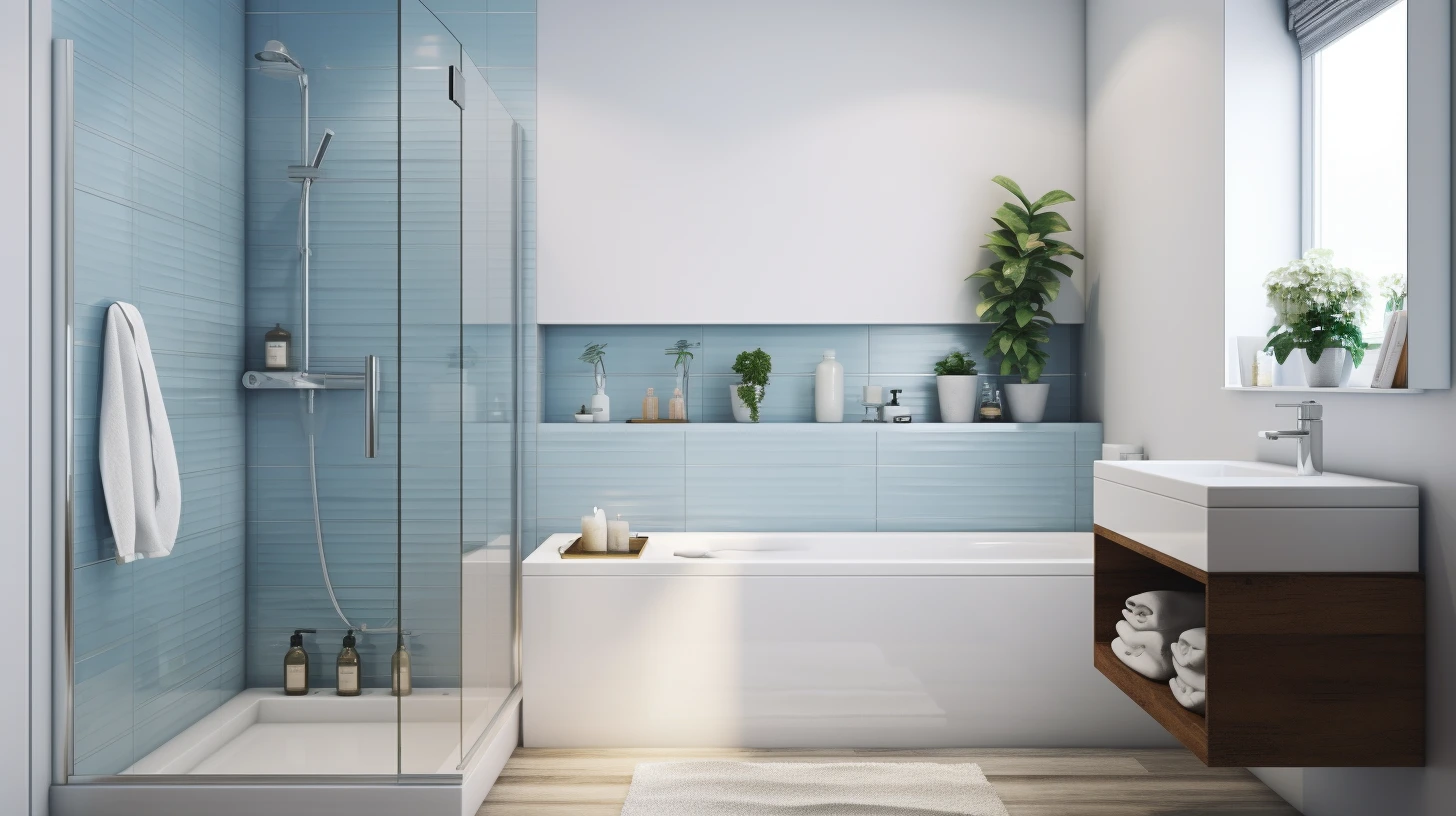 Small blue bathroom decorating ideas: 3d rendering of a modern bathroom with blue tiled walls.