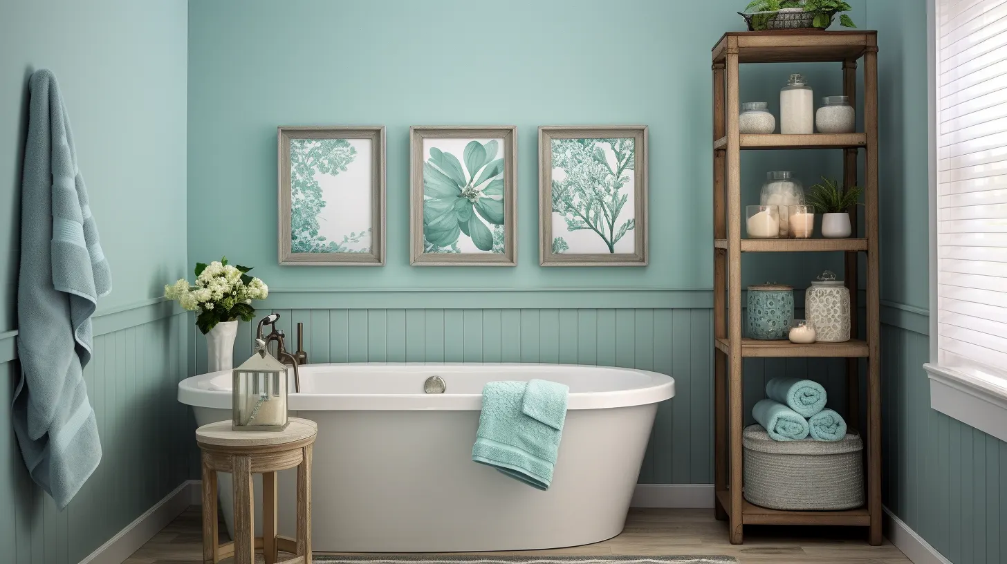 Small blue bathroom decorating ideas: A bathroom with blue walls and wooden shelves.
