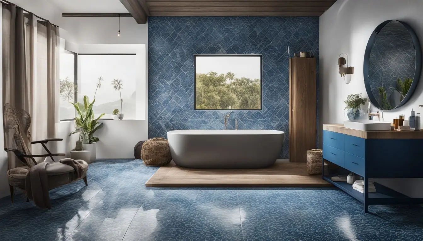 Small blue bathroom decorating ideas: A blue tiled bathroom with a tub and sink.